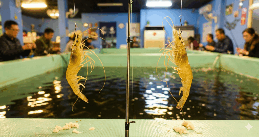 室內釣蝦場中，兩隻泰國蝦被釣起掛在魚鉤上，背景可見釣客圍繞水池釣蝦的情況。