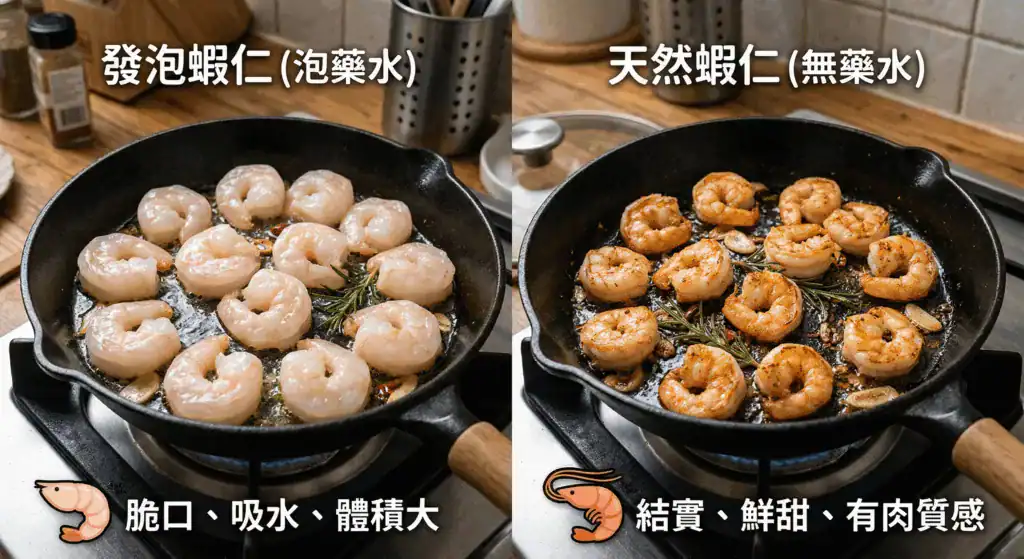 發泡蝦仁與天然蝦仁下鍋烹煮的縮水對比圖，教消費者如何辨識無藥水蝦仁。