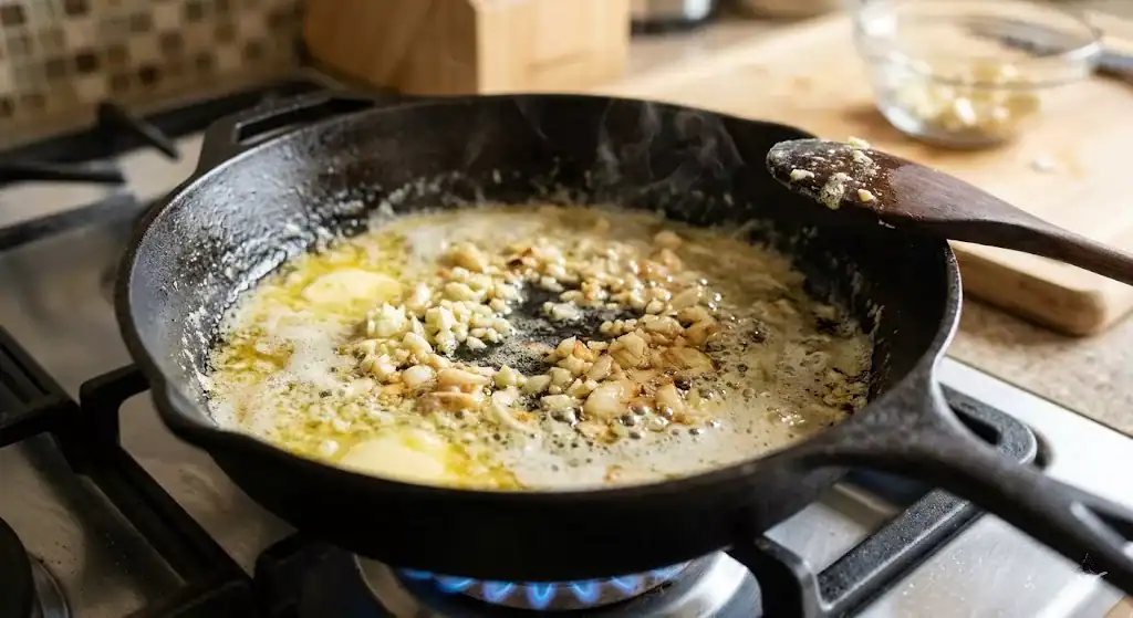 奶油蝦食譜教學，小火融化無鹽奶油與蒜末爆香，避免奶油燒焦發苦。
